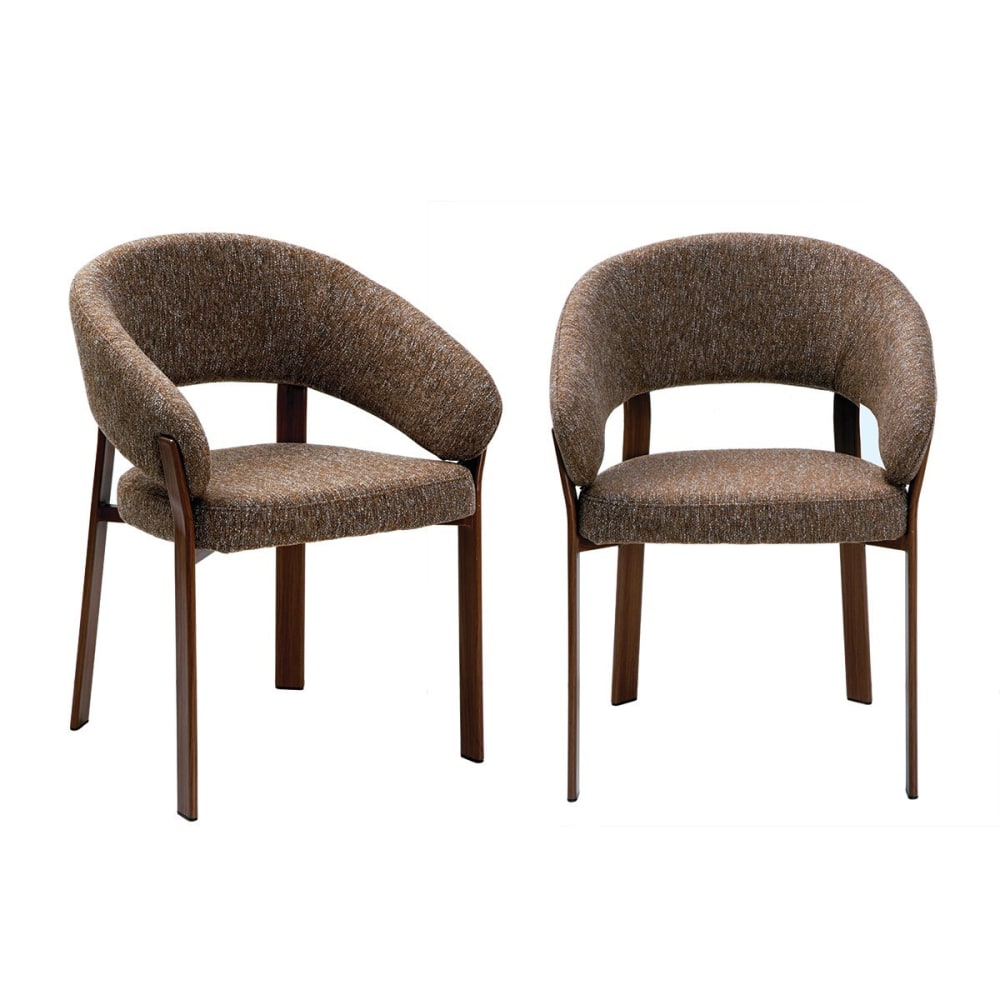 Lot de 2 chaises en tissu marron chiné, pieds effet noyer l58 cm Lot de 2 chaises en tissu marron chiné, pieds effet noyer l58 cm