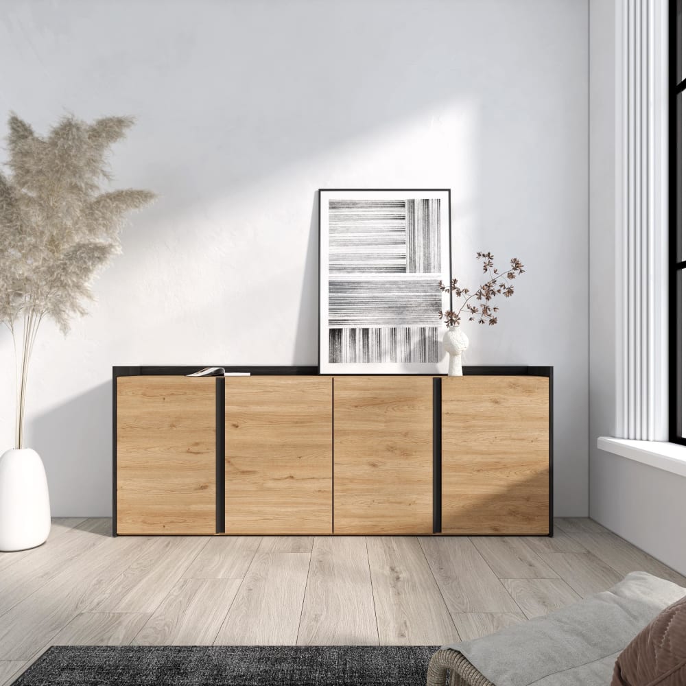 Skraut home Sideboard Holzeffekt eiche und schwarz 207x35x80cm style modern Beige Spanplatte