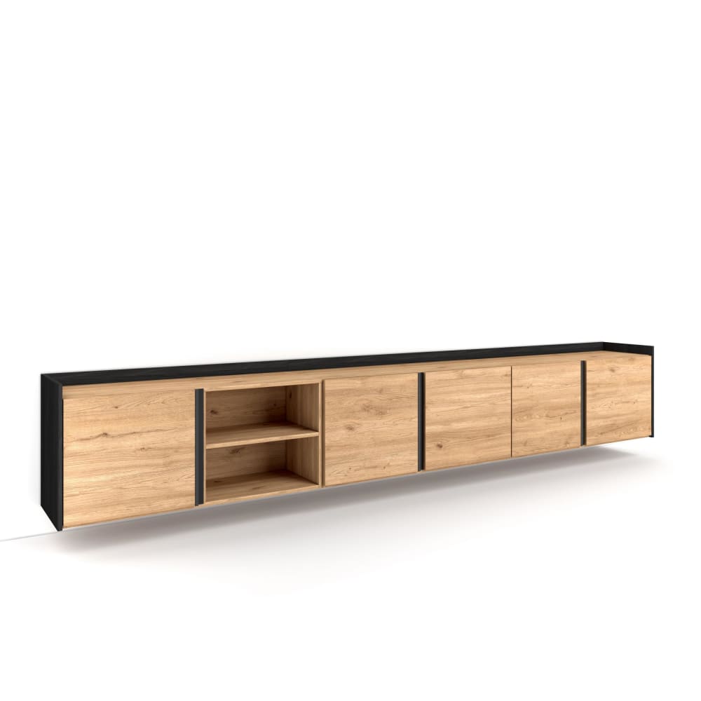 Meuble tv effet bois de chêne et noir 309x35x50cm suspendu