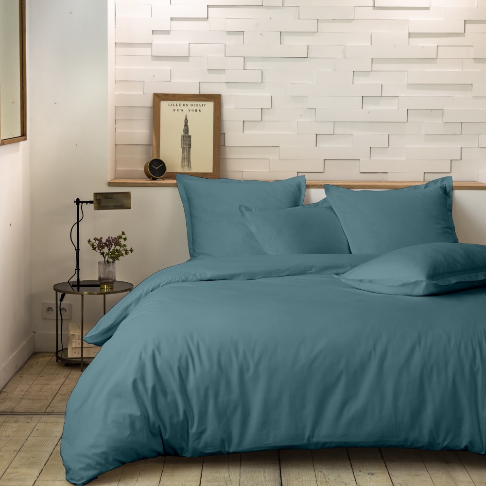 Parure de lit percale de coton bleu adriatique 140x200 cm