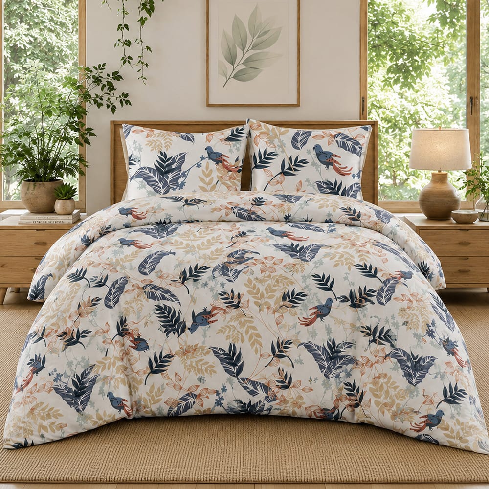 Parure de lit en percale de coton motif tropical + 2 taies 240x220 cm