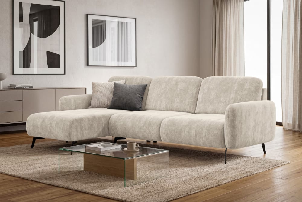 Ecksofa 4-Sitzer links, cremefarbener Chenille-Stoff - Maisons Du