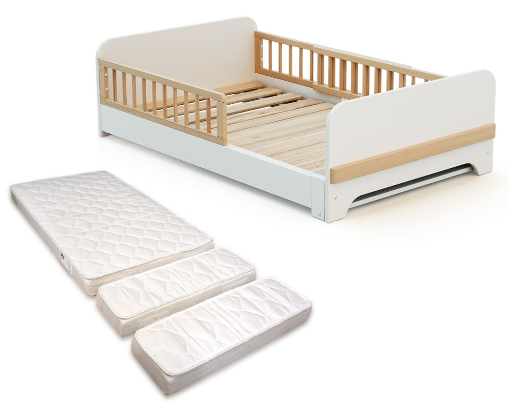 Lit au sol enfant extensible en bois 80x140-165-190 avec matelas Lit au sol enfant extensible en bois 80x140-165-190 avec matelas