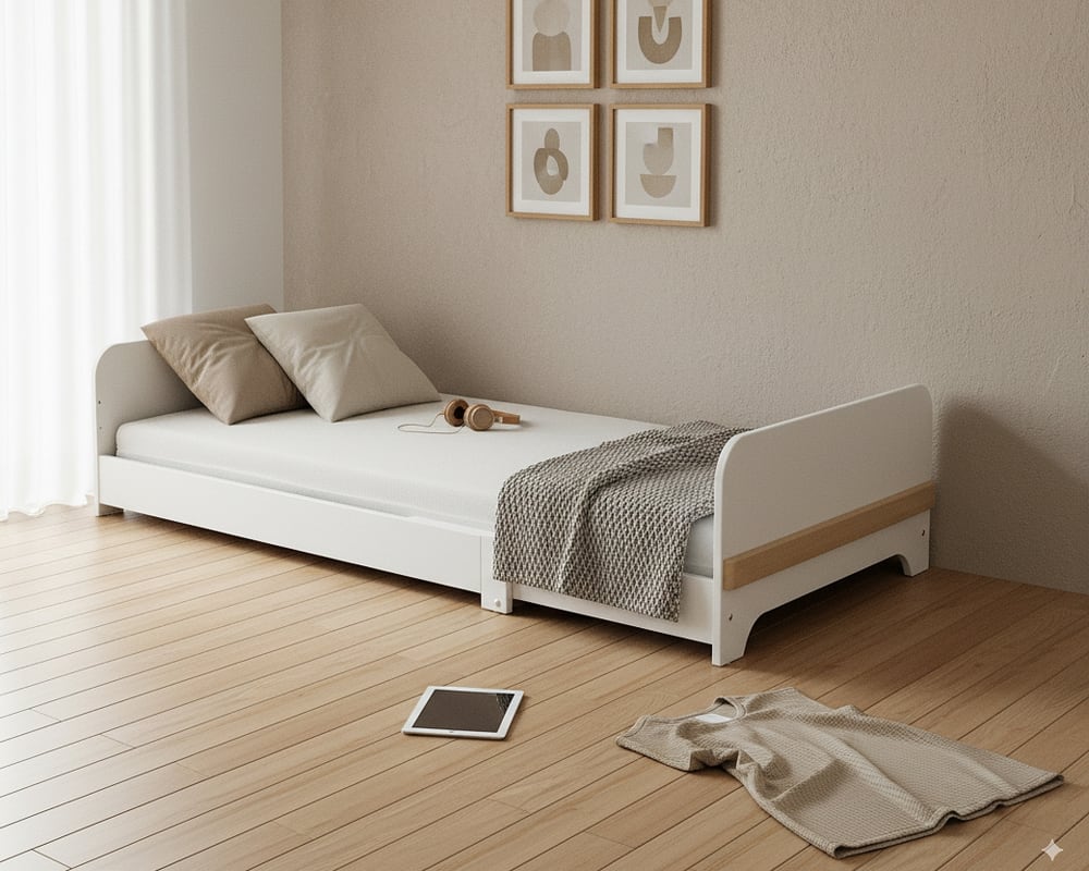 Ausziehbares Kinderbodenbett aus Holz 80x140-165-190 mit Matratze