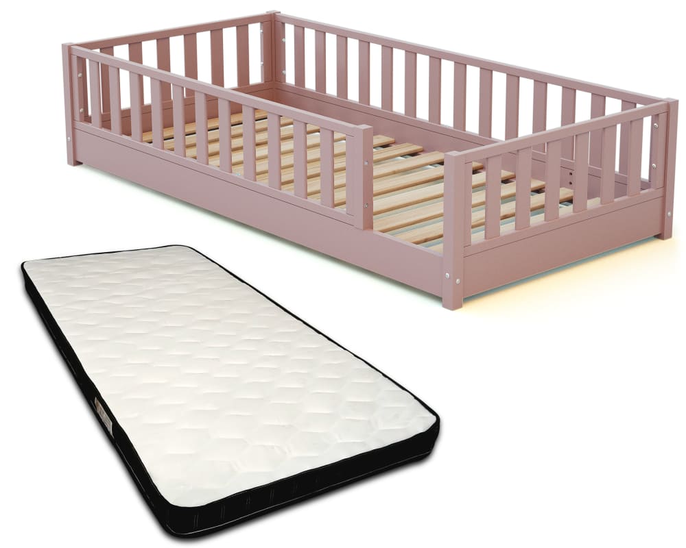 Lit au sol enfant en bois avec matelas - 90 x 190 - rose Lit au sol enfant en bois avec matelas - 90 x 190 - rose