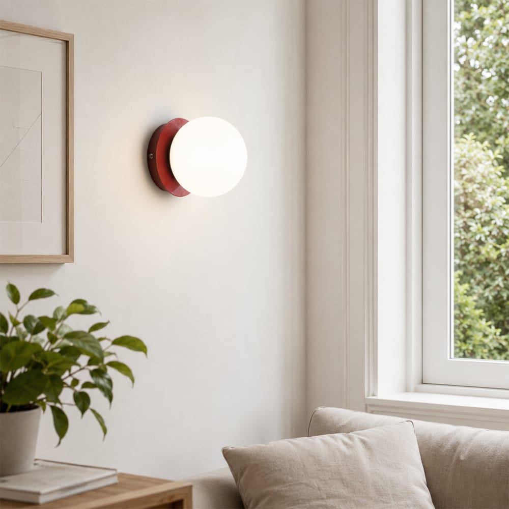 Applique murale mate métal rouge et verre blanc d15 cm — vue 3