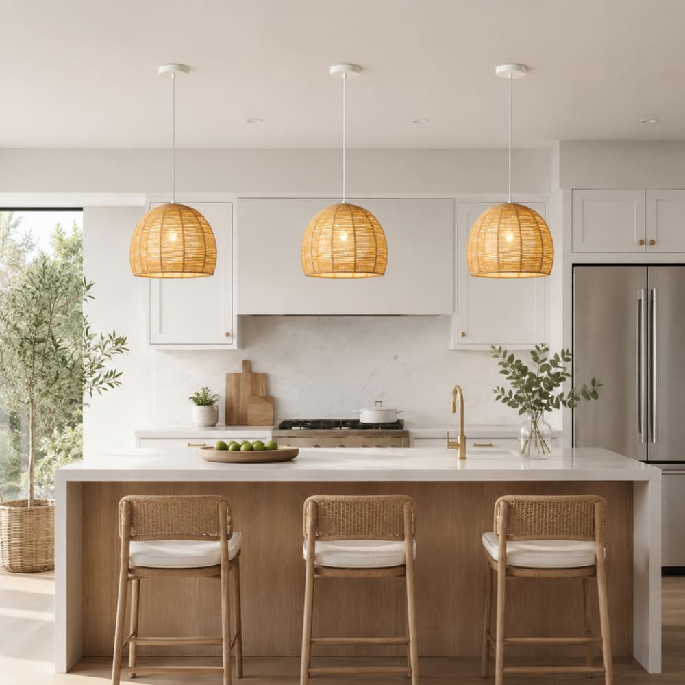 Suspension tressée double couche en papier beige et blanc d32 cm — vue 3