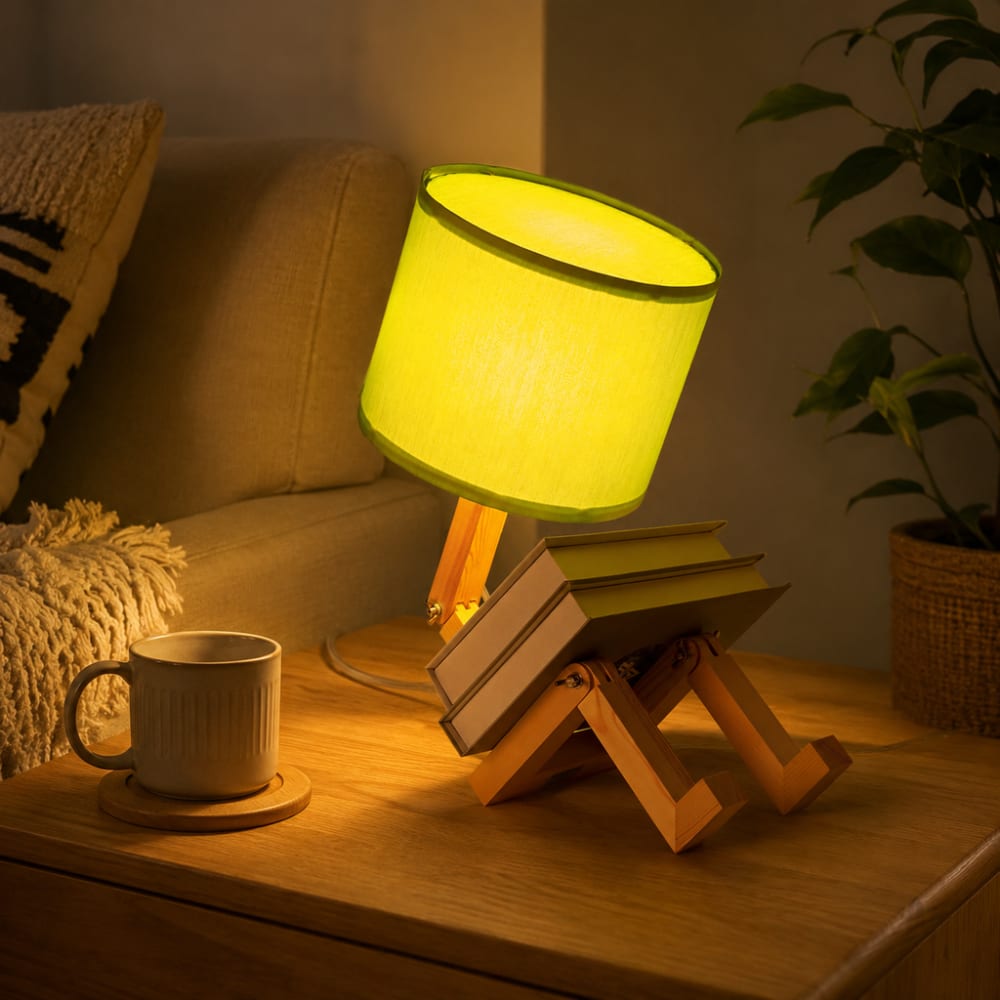 Lampe de table articulée finition naturelle bois et tissu vert — vue 3