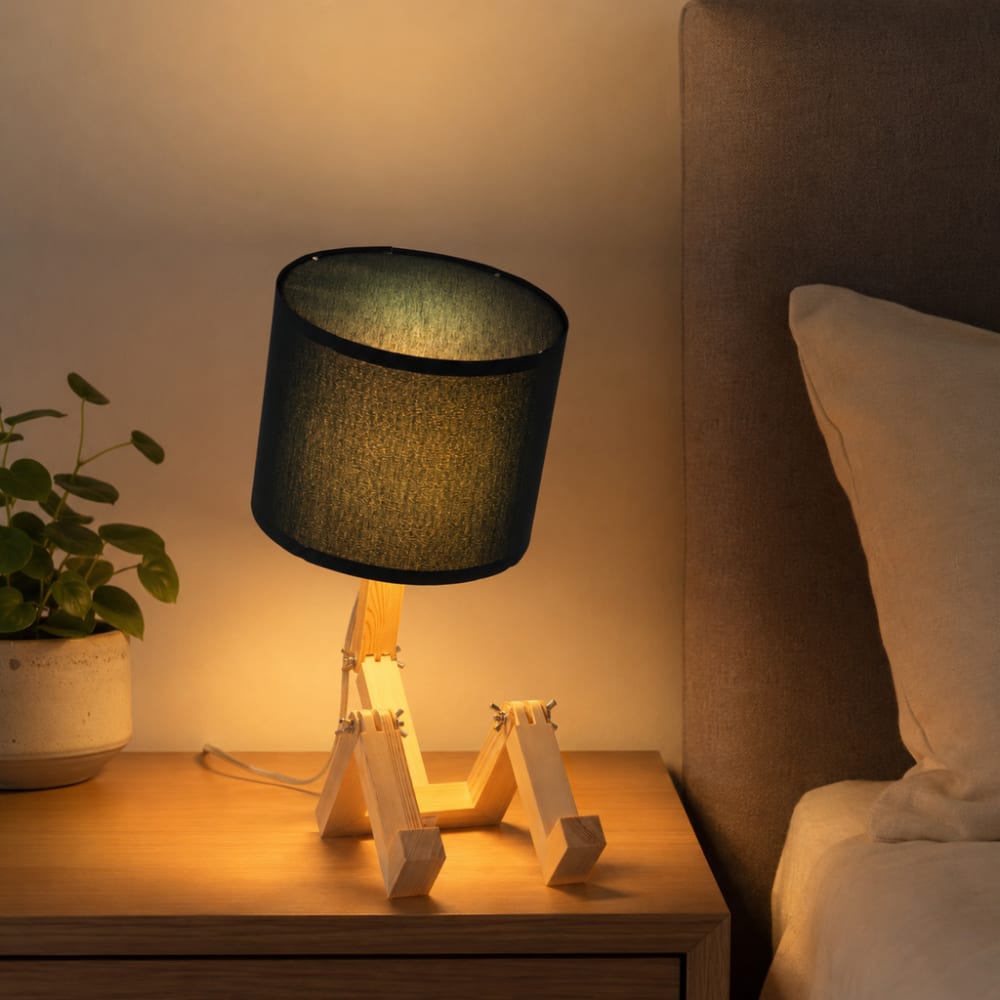 Lampe de table articulée finition naturelle bois et tissu vert foncé — vue 3
