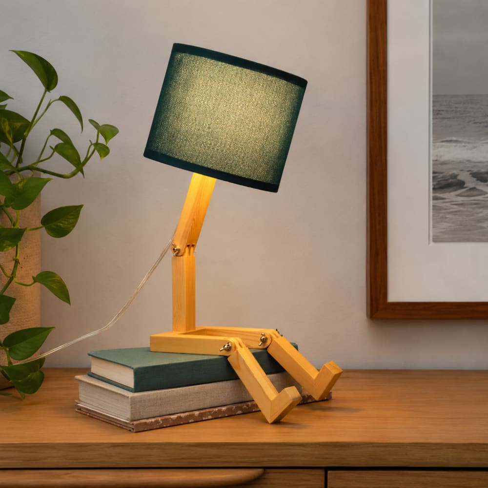 Lampe de table articulée finition naturelle bois et tissu vert foncé — vue 4