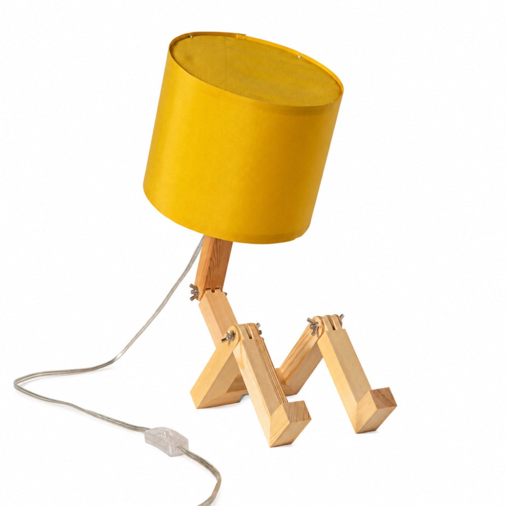 Lampe de table articulée finition naturelle bois et tissu jaune