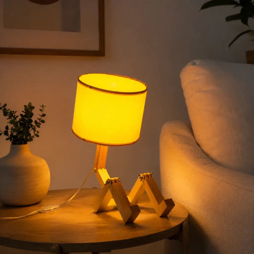 Lampe de table articulée finition naturelle bois et tissu jaune — vue 3