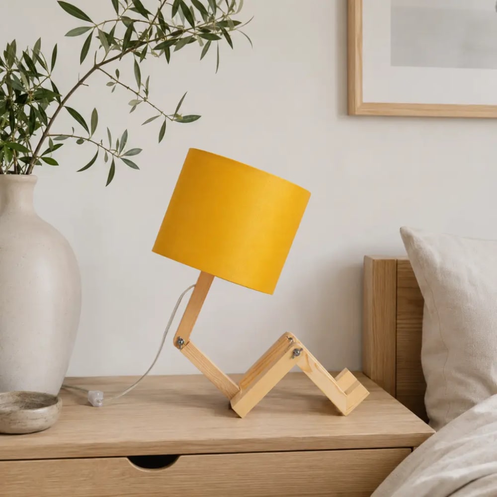 Lampe de table articulée finition naturelle bois et tissu jaune — vue 4
