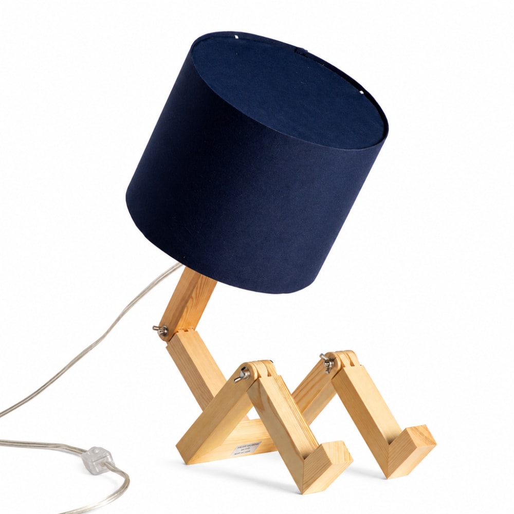 Lampe de table articulée finition naturelle bois et tissu bleu marine