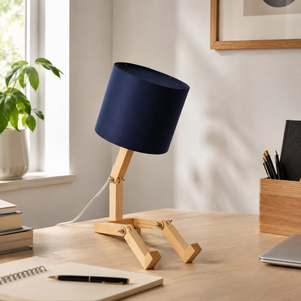 Lampe de table articulée finition naturelle bois et tissu bleu marine — vue 3