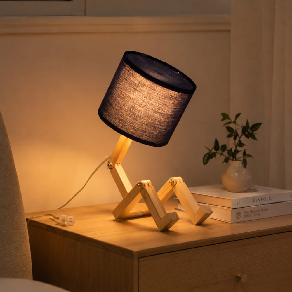 Lampe de table articulée finition naturelle bois et tissu bleu marine — vue 4