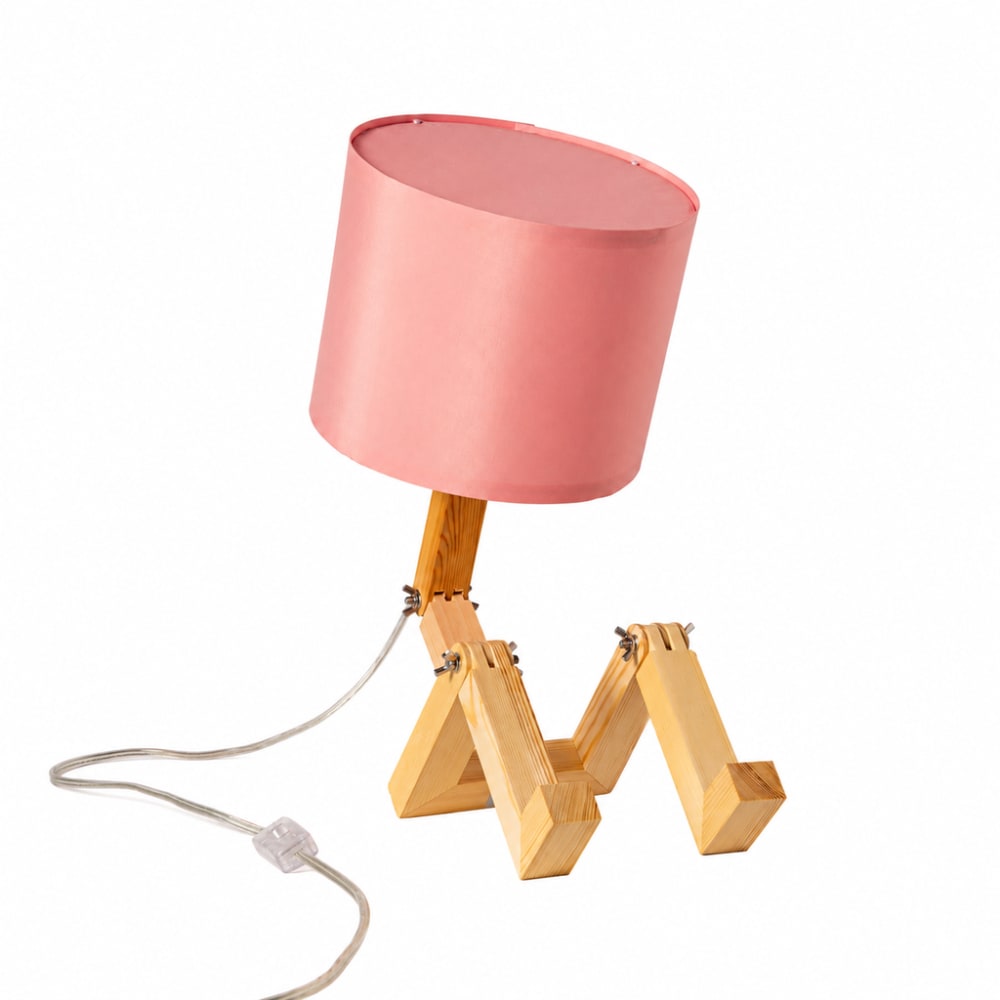 Lampe de table articulée finition naturelle bois et tissu rose
