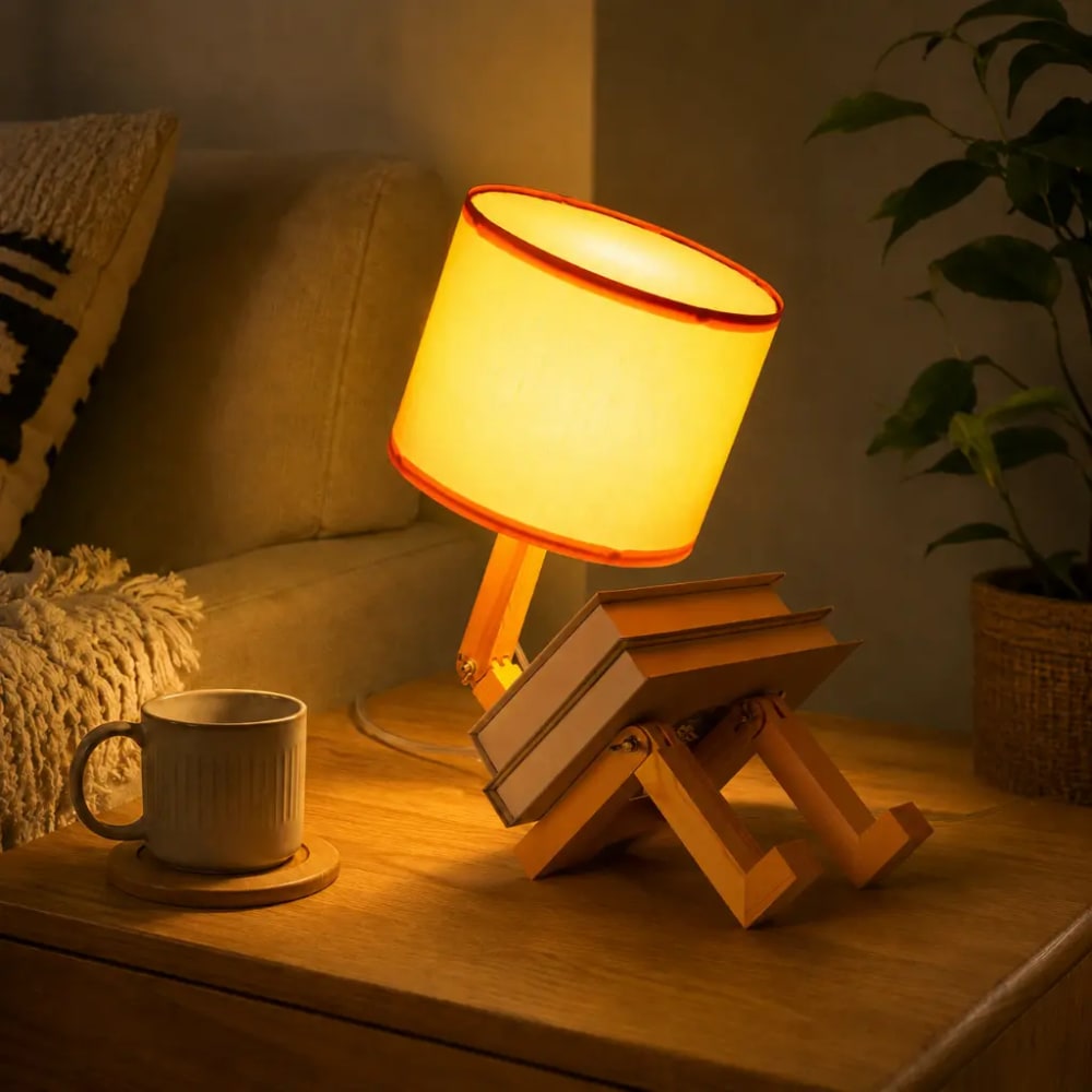Lampe de table articulée finition naturelle bois et tissu rose — vue 3