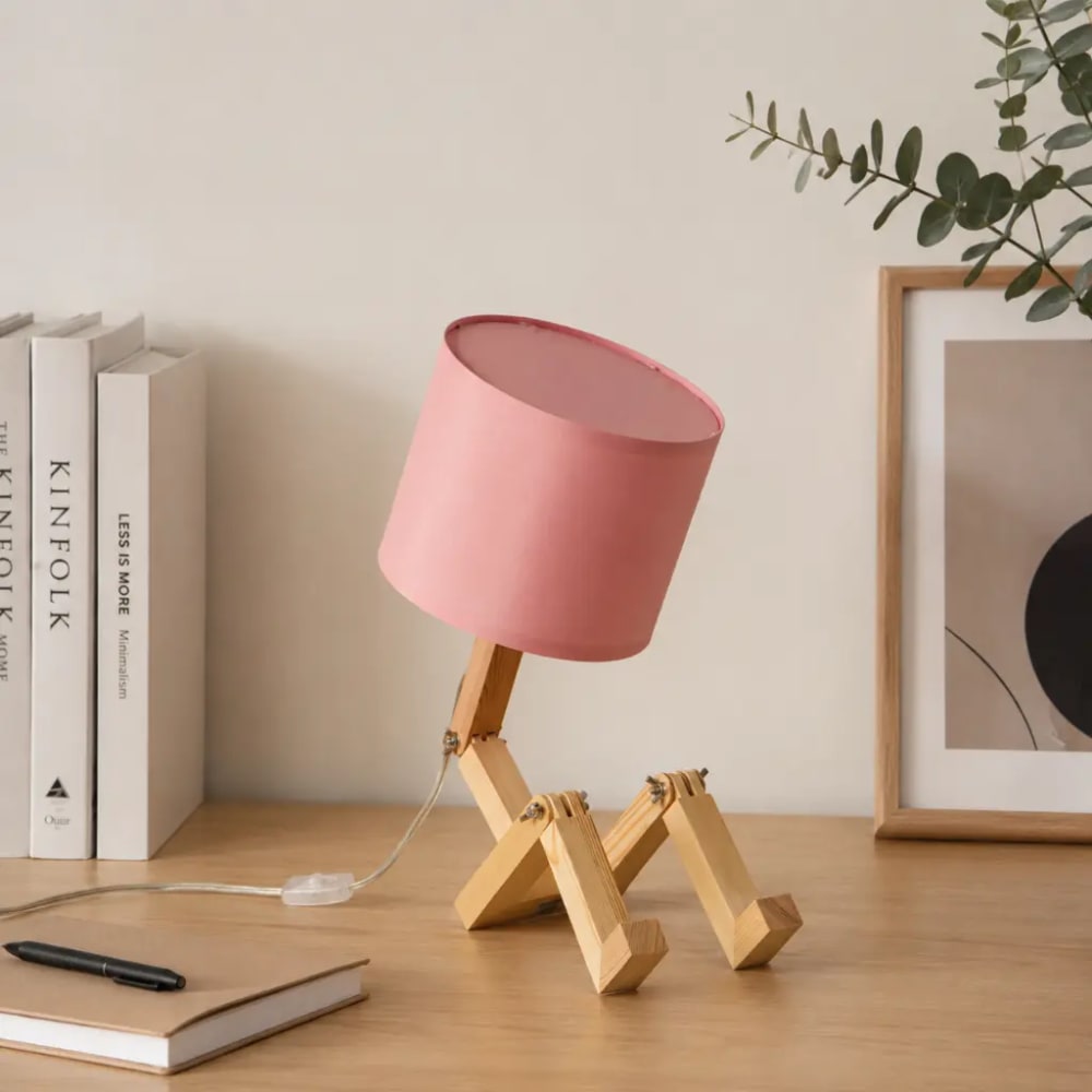 Lampe de table articulée finition naturelle bois et tissu rose — vue 4
