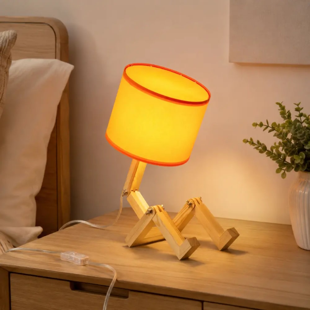 Lampe de table articulée finition naturelle bois et tissu orange — vue 3