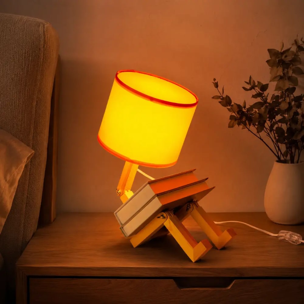 Lampe de table articulée finition naturelle bois et tissu orange — vue 4