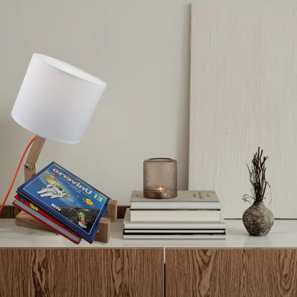 Lampe de table articulée finition naturelle bois et tissu blanc — vue 3