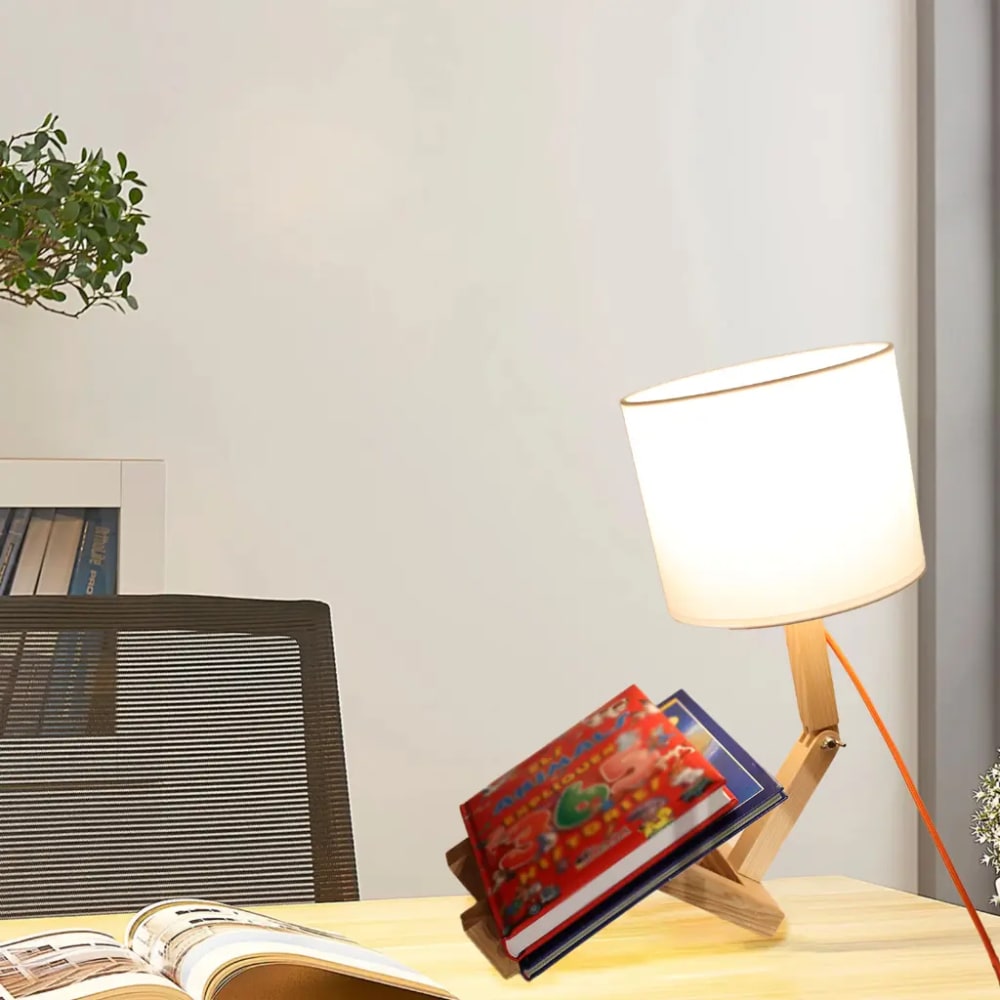 Lampe de table articulée finition naturelle bois et tissu blanc — vue 4