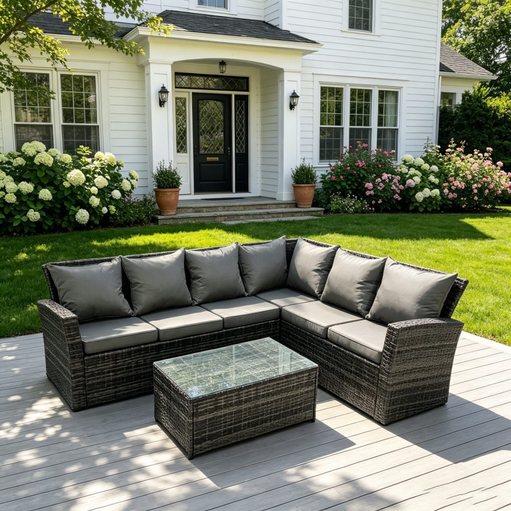 Rattan Ecksofa Set Oblong-Tisch Gartenmöbel rechts Dunkelgrau -