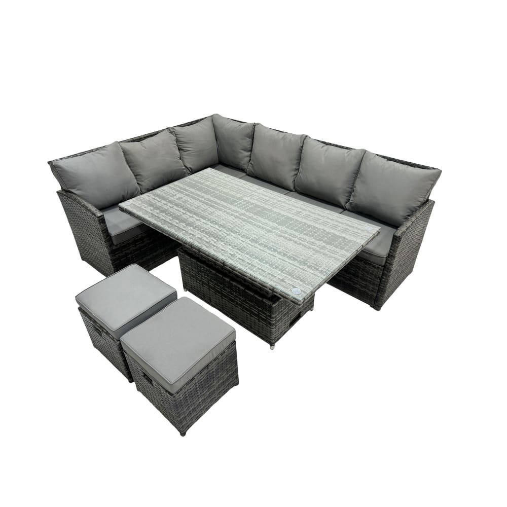 Fimous Rattan Set höhenverstellbar Tisch 8 Sitzer 2 Hocker Gartenmöbel style modern Grau Rattan