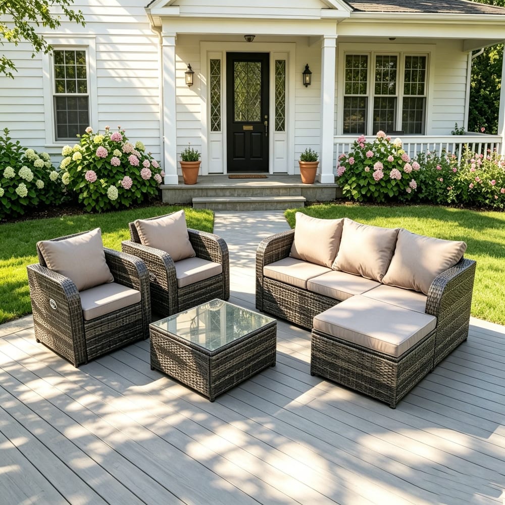 Polyrattan 6-Sitzer Sitzgruppe mit Kissen Hocker Couchtisch -