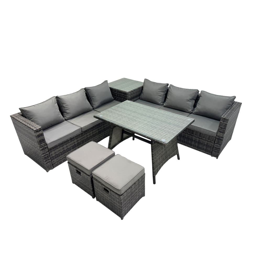 Fimous Polyrattan Ecksofa Set mit Esstisch und 2 Fußhocker style modern Grau
