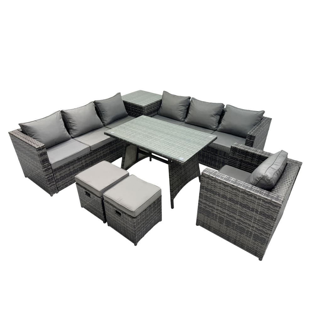 Fimous Rattan Ecksofa Set Esstisch Sessel Hocker 7 Sitz Grau Rattan