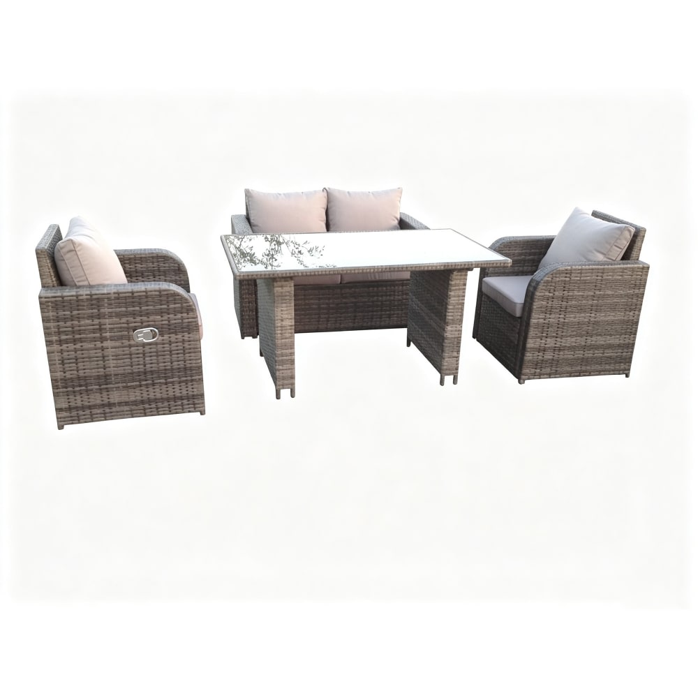 Fimous Rattan Gartenmöbel Set 2 Sitzer Sofa Glas Esstisch Grau Rattan
