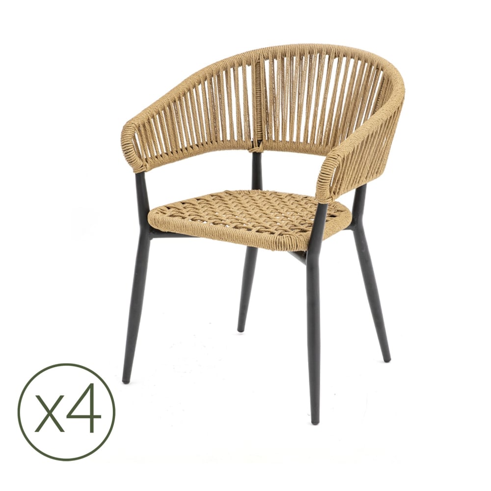 Kerama 4er-Set Gartenstühle aus schwarzem Aluminium und Seil - Aluminium
