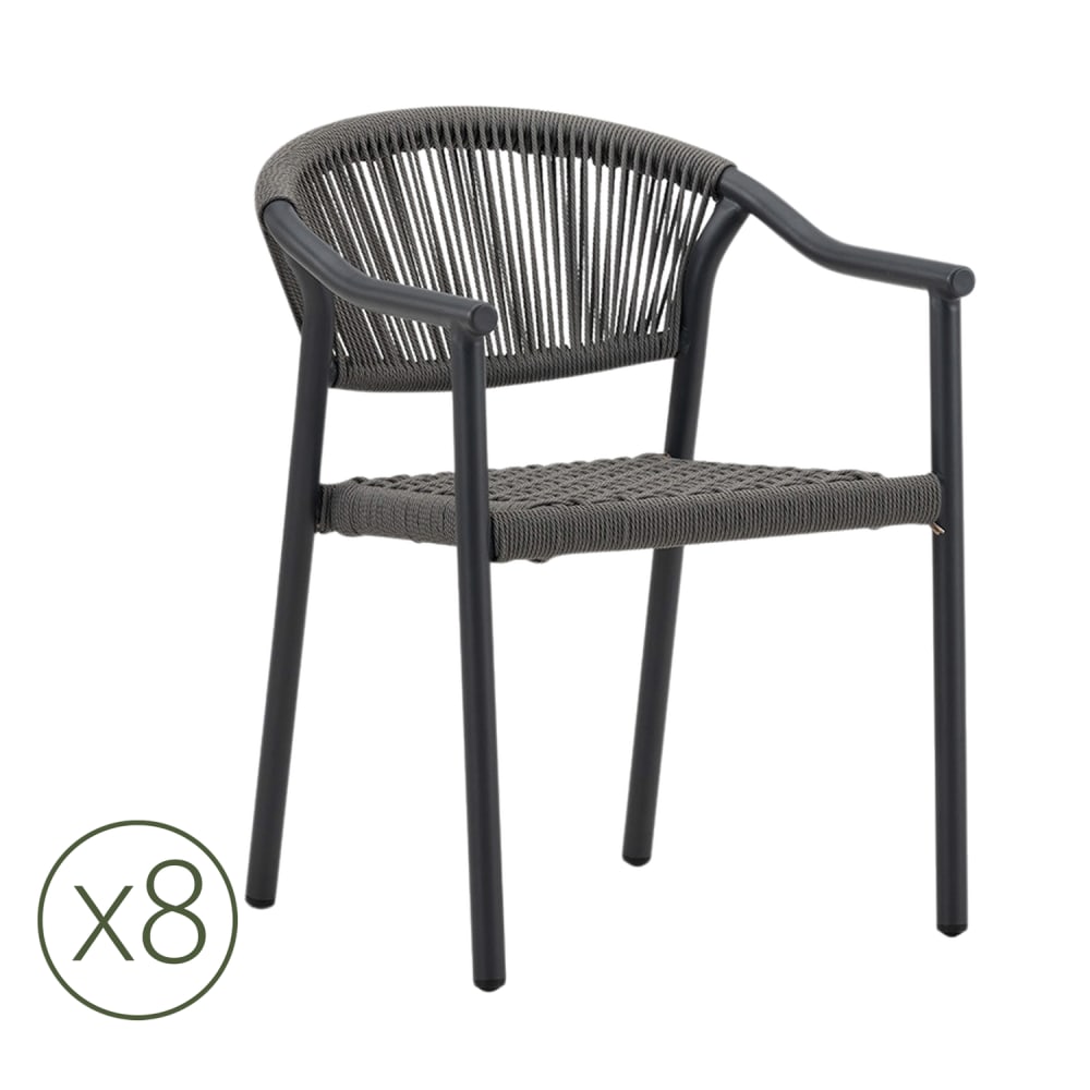 Kerama 8er-Set Gartenstühle aus anthrazitfarbenem Aluminium und Seil Grau Aluminium