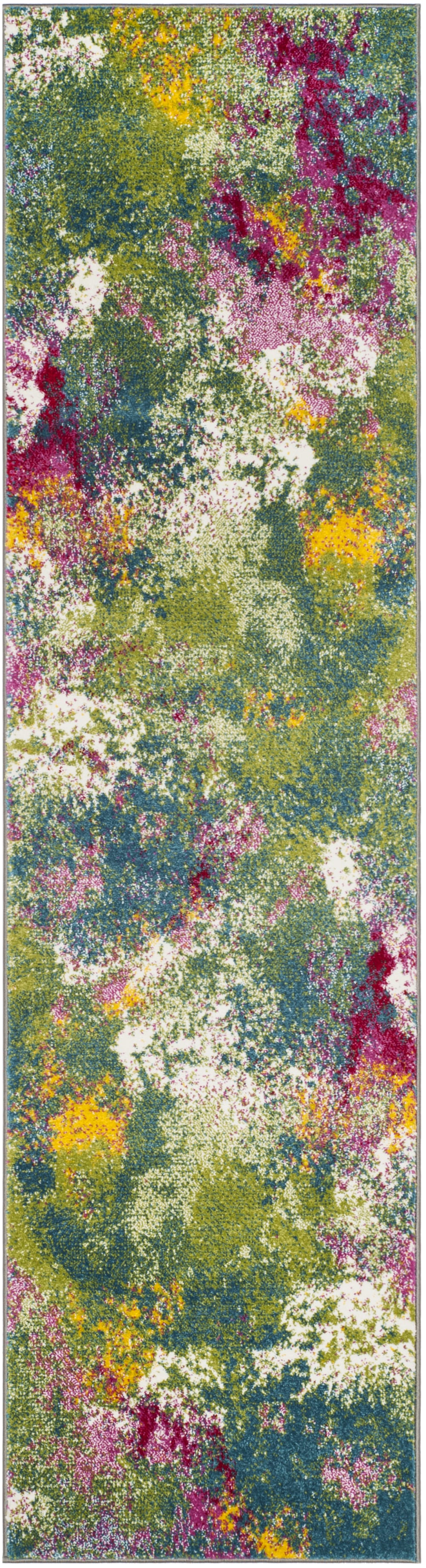 Tapis abstrait en polypropylène vert/rose, 69 x 183 cm