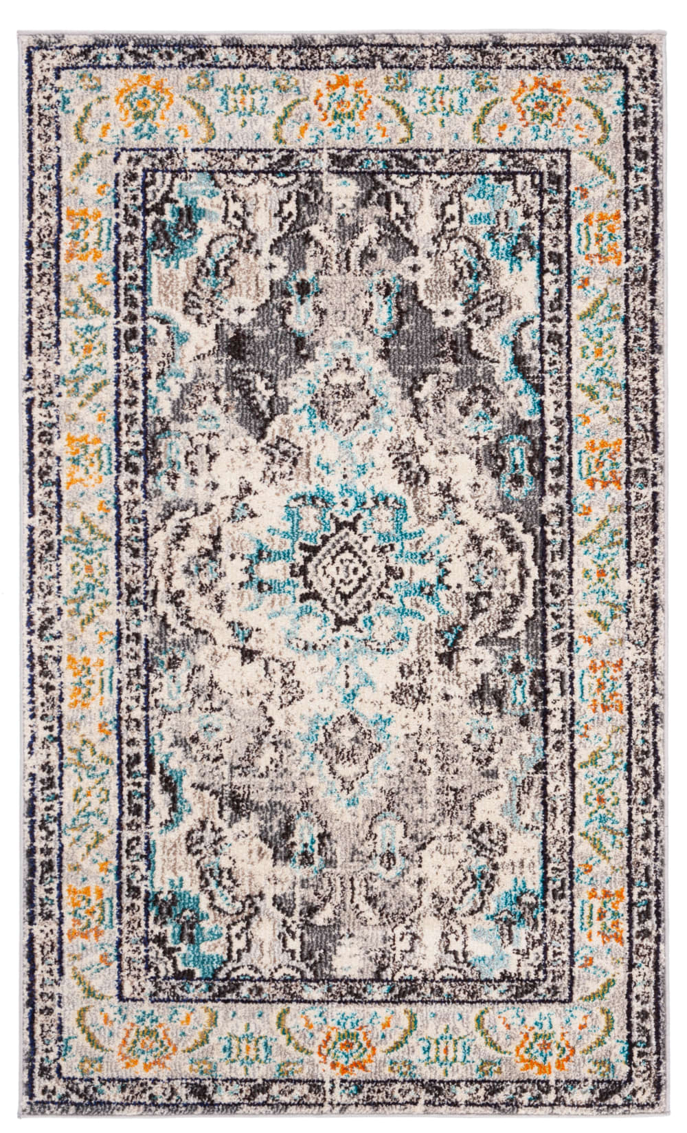 Tapis bohème chic en polypropylène gris/bleu, 91 x 152 cm