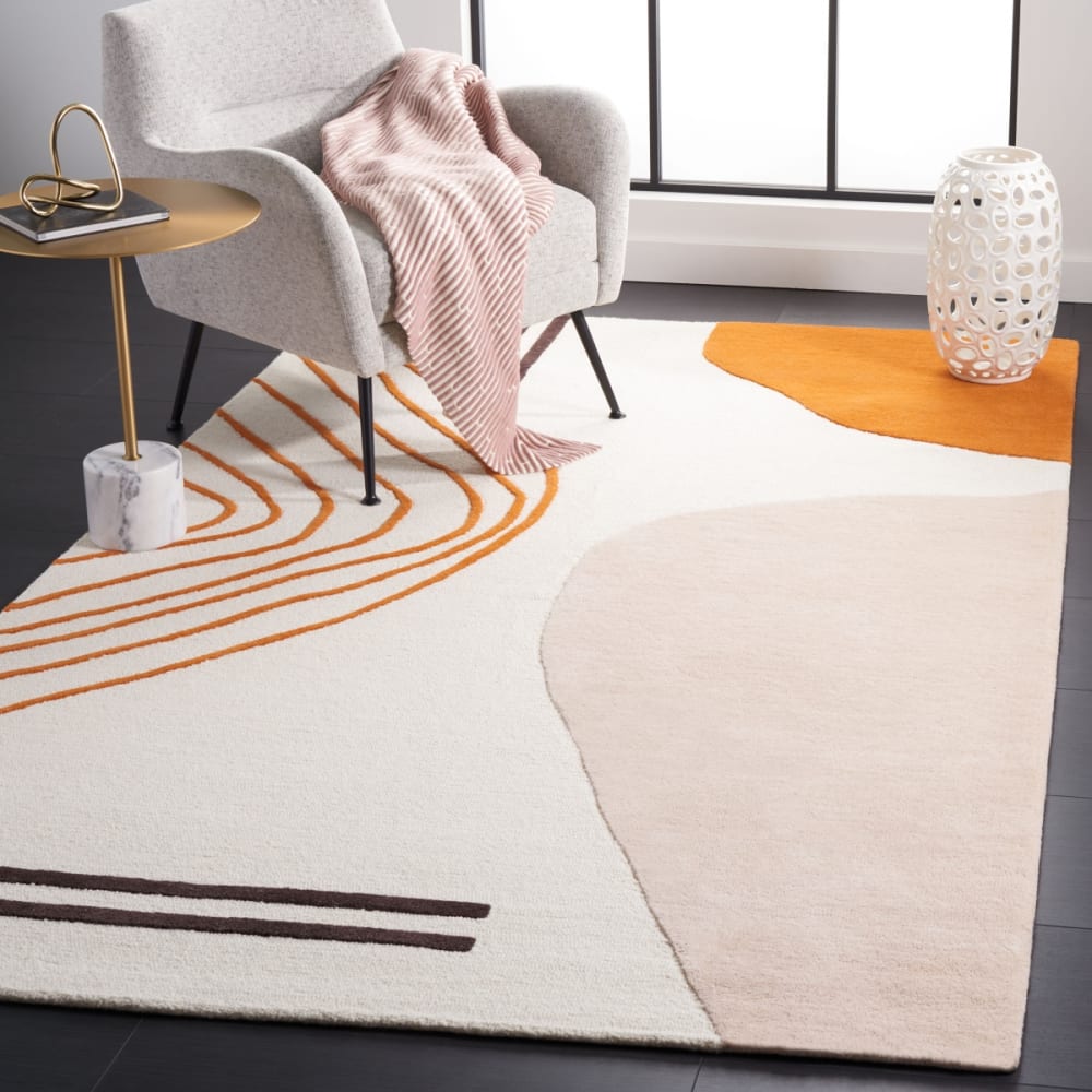 Tapis géométrique en laine blanc/orange, 152 x 244 cm — vue 3