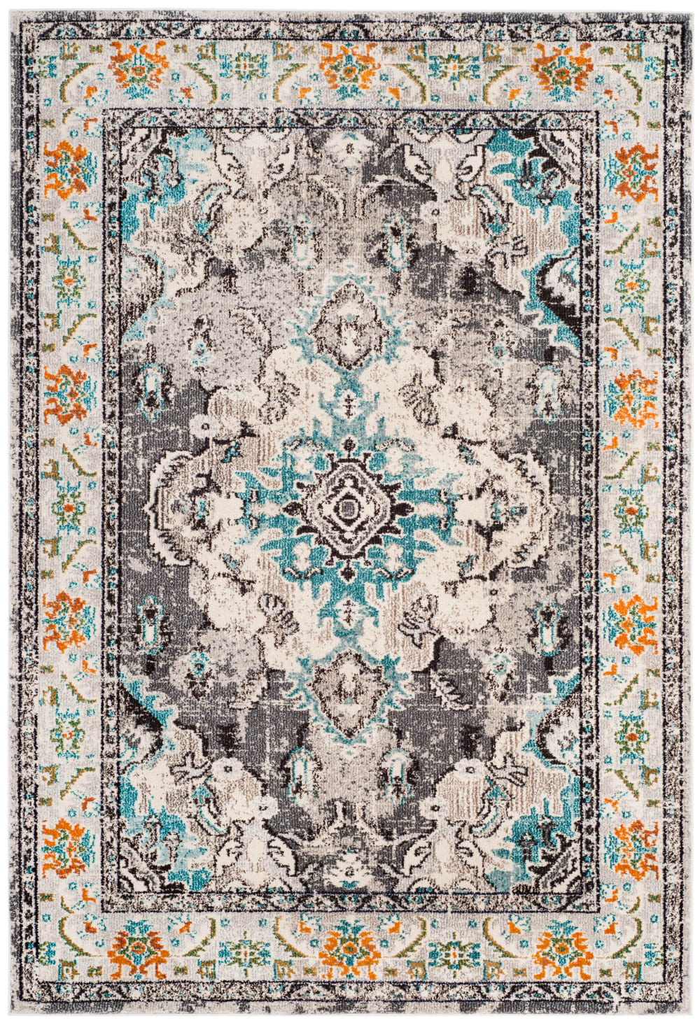 Tapis bohème chic en polypropylène gris/bleu, 201 x 279 cm