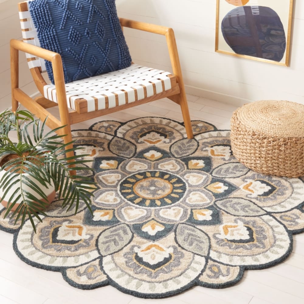 Tapis traditionnel en laine beige/bleu, 91 cm — vue 3