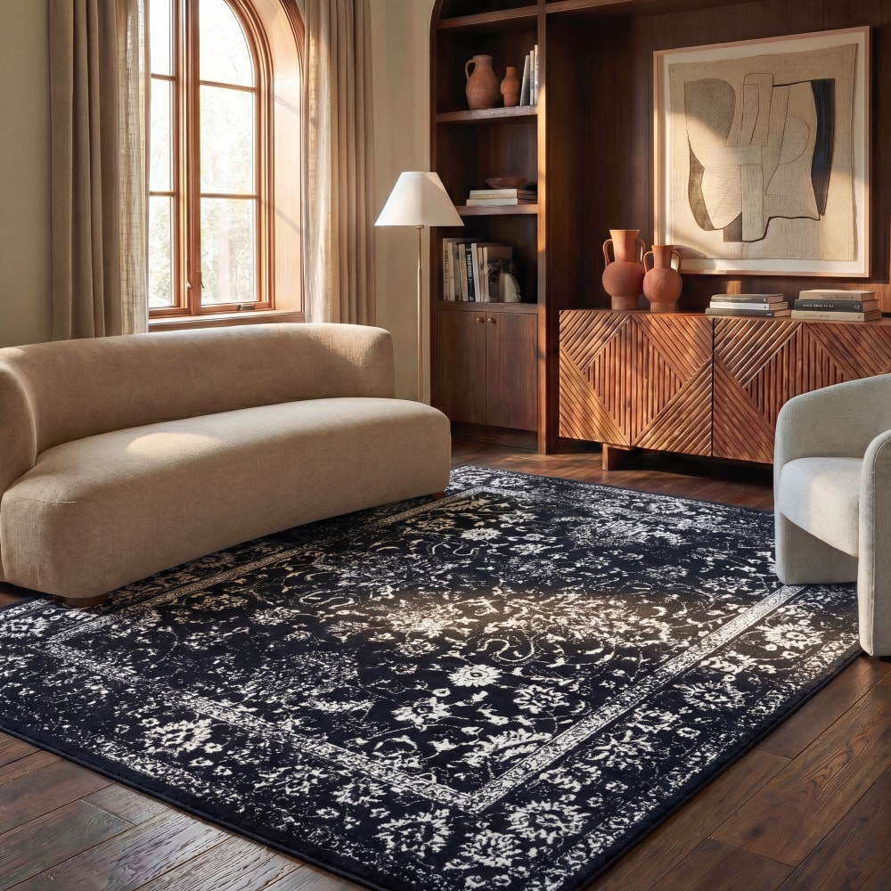 Tapis distressed vintage en polypropylène noir/blanc, 183 x 183 cm — vue 3