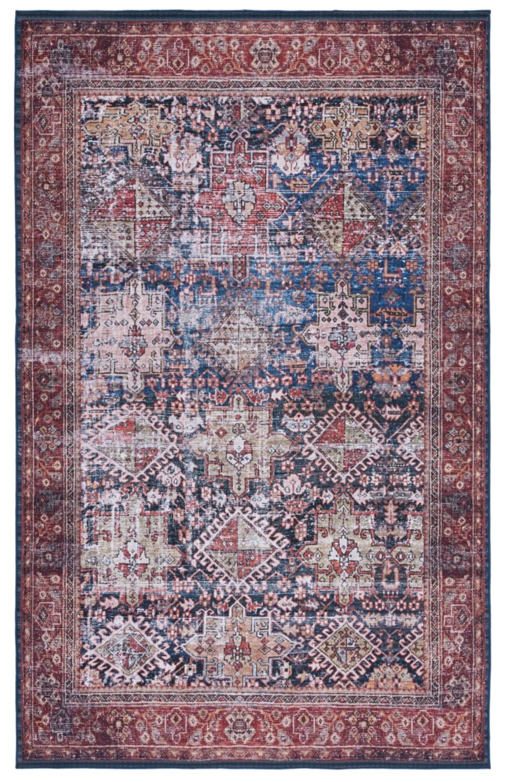 Tapis géométrique en polyester bleu/orange, 152 x 244 cm