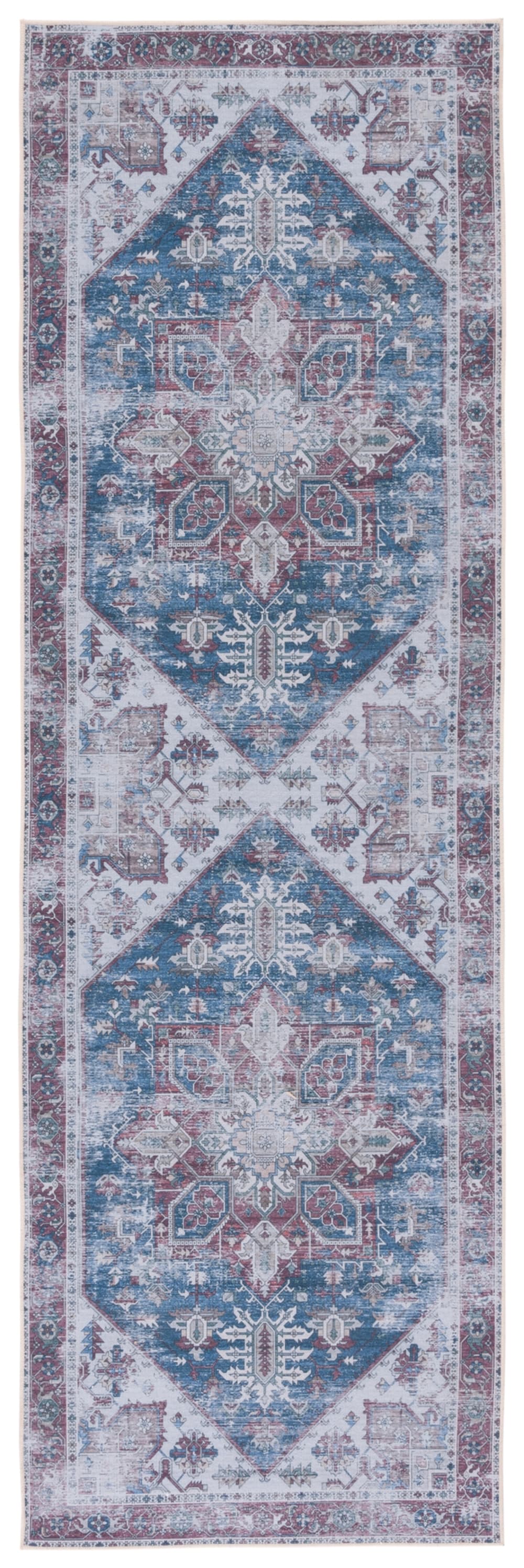 Geometrisch Polyester-Teppich in Blau/Rot, 76 x 244 cm - Maisons