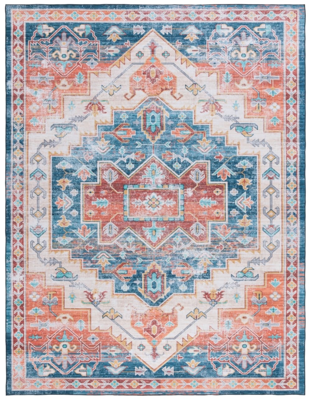 Tapis géométrique en polyester bleu/orange, 183 x 274 cm