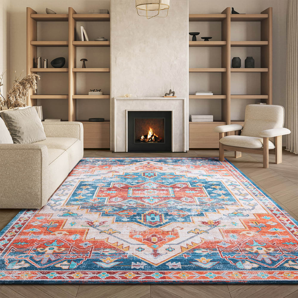 Tapis géométrique en polyester bleu/orange, 183 x 274 cm — vue 3