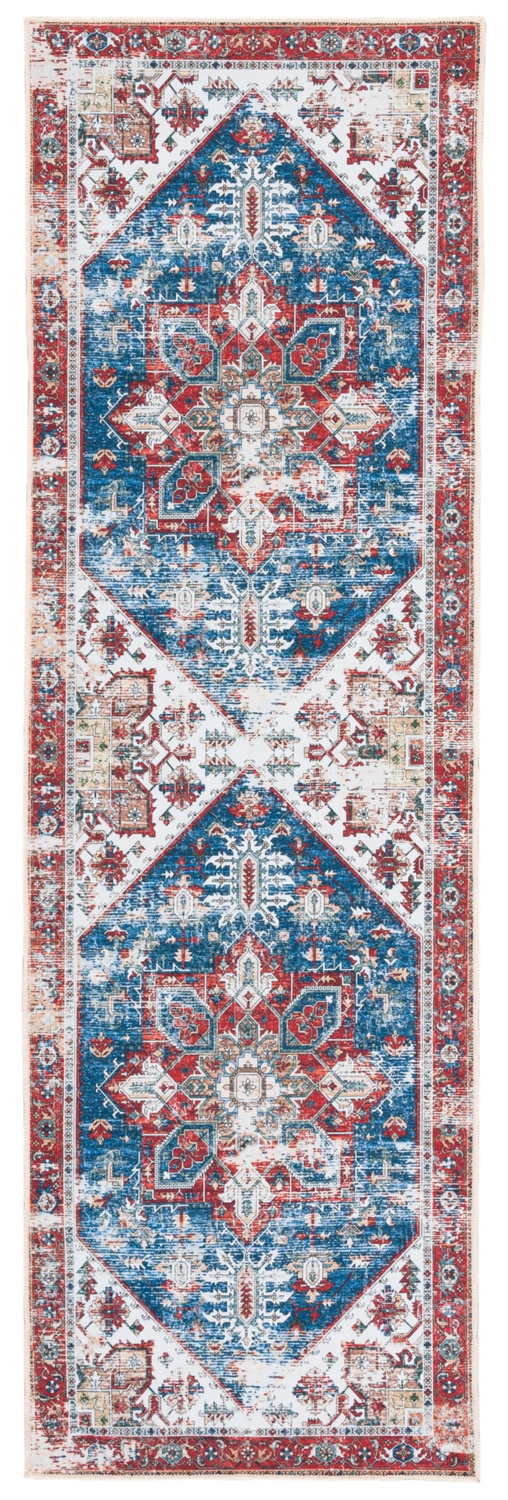 Tapis géométrique en polyester bleu/rouge, 76 x 183 cm