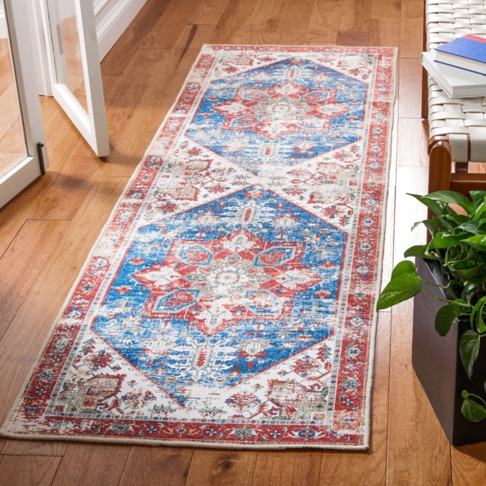 Tapis géométrique en polyester bleu/rouge, 76 x 183 cm — vue 3