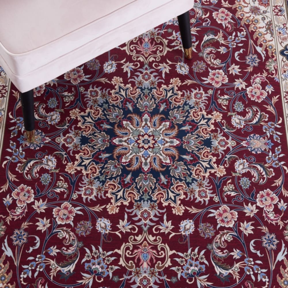Tapis géométrique en polyester rouge/bleu, 183 x 183 cm — vue 3