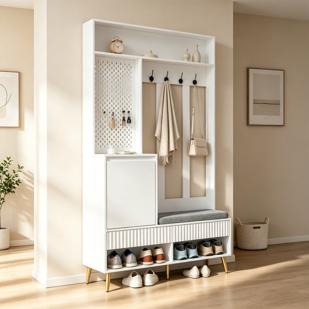 Flur-Set mit Wandgarderobe, Schuhbank, 2 Schubladen, weiß -