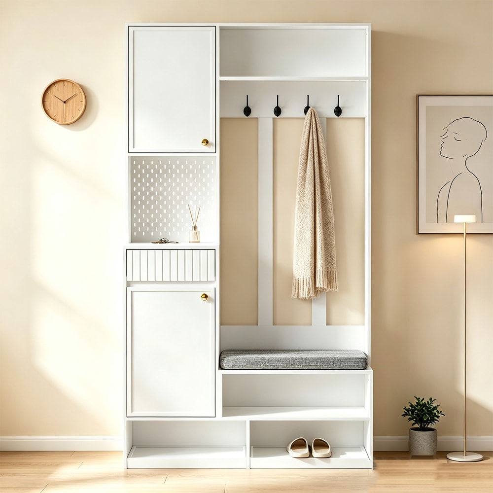 Flur-Set mit Bank, 4 Haken, Türen und Schubladen, weiß - Maisons